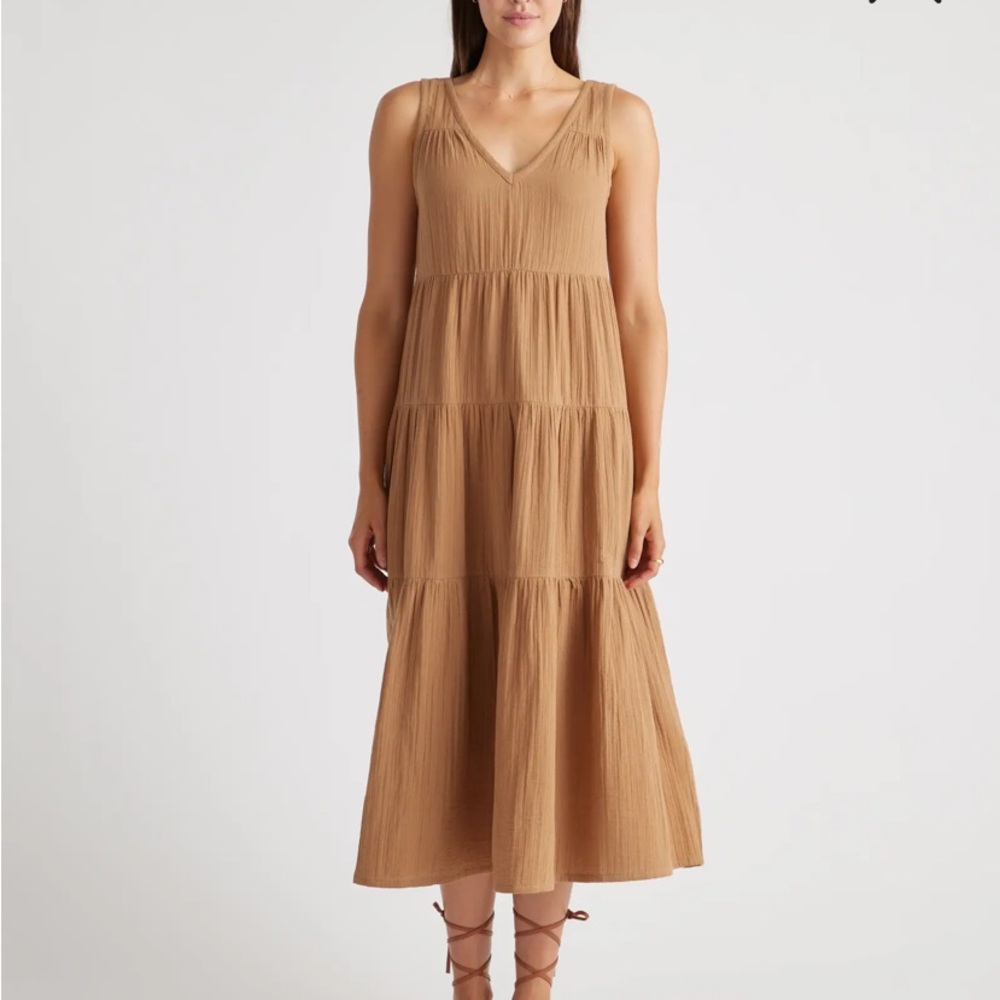 Quince Dress 100% Organic Cotton Gauze Tiered Maxi Dress XS Toasted Coconut